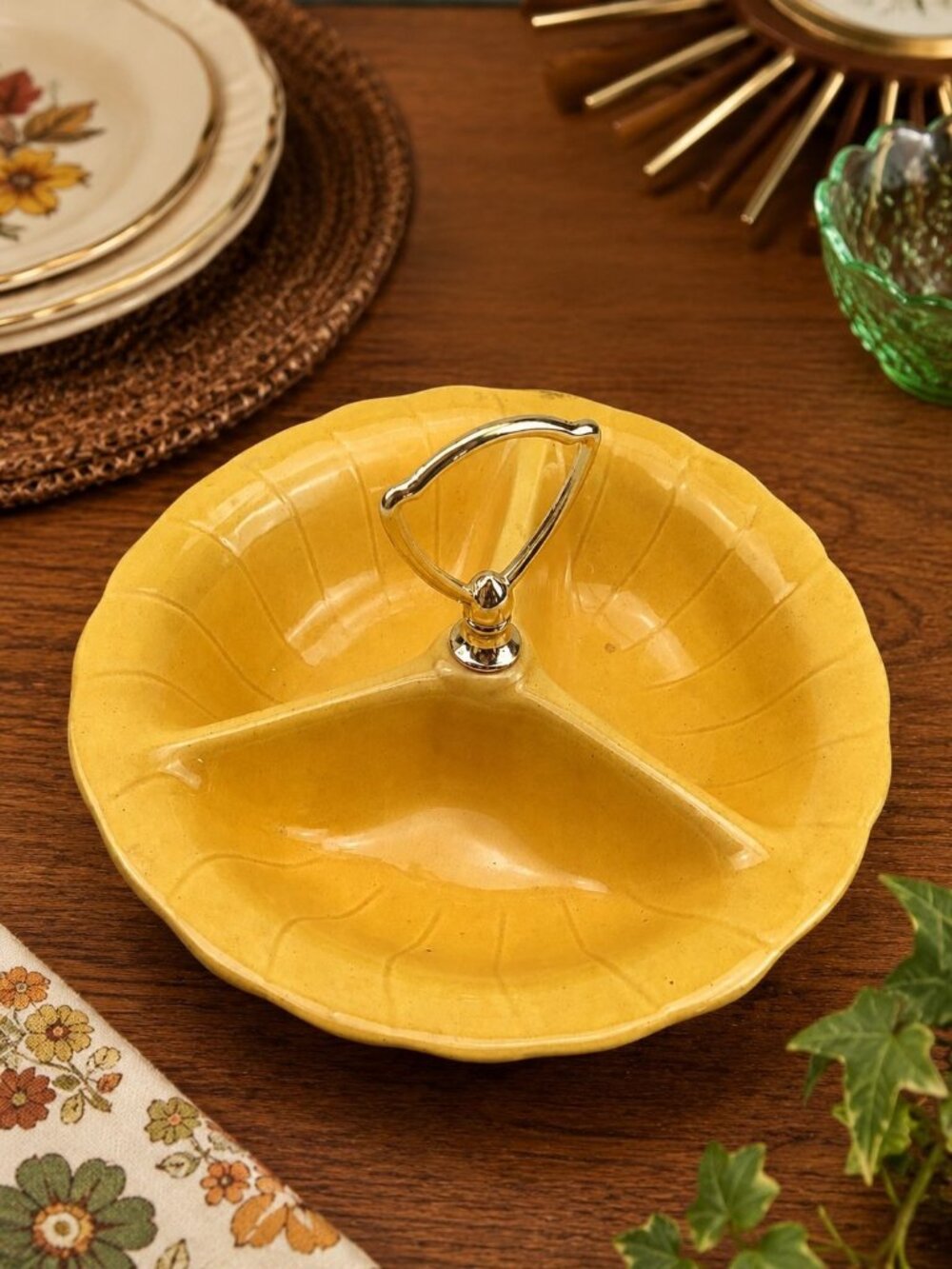 Vintage 60s MCM Lane & Co Divided Serving Dish Yellow Party Gold USA 1960